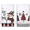 Set of 2 Christmas kitchen towels with snowman and plaid tree patterns on white - Snowman and Plaid Tree Set (MJBT66-30) / 2 Pieces/Pack (40*60cm) / Red/Black Plaid