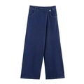 Modische dunkelblaue High Waist Wide Leg Jeans mit einzigartigem Doppelknopfverschluss am Bund - XS / Blau