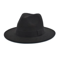 Detailed close-up of a classic black wool fedora hat with a wide brim and grosgrain ribbon - M (56-58cm) / Black
