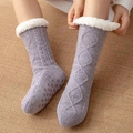 Light purple cable knit floor socks with white fuzzy fleece lining and anti-slip grips - One Size / Argyle Light Grey