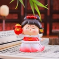 Cute Chinese girl figurine in red Hanfu holding a gold ingot, traditional desktop decor - 1056-17B Holding Money Bag