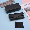 Three-piece black leather glasses set with woven texture box, pouch, and cleaning cloth - Black Buckle Set with Box