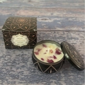 Scented soy candle in a black metal tin with dried rose petals and matching gift box - White Musk (Tin)