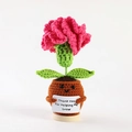 Handmade pink crochet flower in brown pot with 'Thank you For Helping Me Grow' message - Carnation Potted Rose Red (No Base)