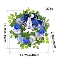 Blue rose wreath with porcelain style plates, green ivy and gingham ribbon bow, 15.75 inch - H3-14 Blue And White Porcelain Style Withered Vine Wreath