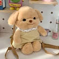 Cute light brown plush puppy backpack wearing yellow corduroy dress with lace detail - Khaki