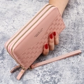 Pink embossed long zipper wallet for women with double compartments and a wrist strap - Pink