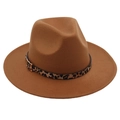 Detail of wool fedora hat featuring leopard print band and golden metallic buckle - Khaki