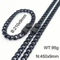Matte black stainless steel Cuban chain set with mechanical clasp for men - Style C (Push Button Clasp) / 9.5mm Width / 21cm Bracelet + 45cm Necklace / Black