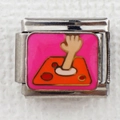 Macro detail of Italian charm bracelet link with pink enamel zombie hand design - Zombie Hand