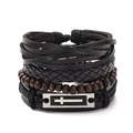 Set de pulseras multicapa de cuero para hombre con cuentas de madera y cruz de metal - Estilo Multicapa de Cruz Negra