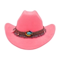 Nahaufnahme eines leuchtend rosa Cowboyhuts mit buntem ethnischem Perlenband Dekor - Einheitsgröße / Rosenrosa