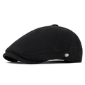 Classic black wool blend flat cap for men and women featuring a side metal brand badge - Adjustable / Black
