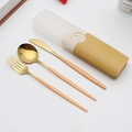 Portable cutlery set with gold stainless steel fork, spoon, knife and orange handles - Type E Orange Yellow+Gold