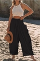Women's black high-waisted wide-leg cotton linen trousers with drawstring waist - S / Black