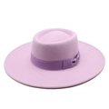 Close-up of light purple wool felt fedora with elegant dark purple ribbon bow detail - Adult 57-59cm / Taro Purple