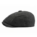 Classic herringbone newsboy cap in dark grey wool blend with vintage British style - Adjustable / Black