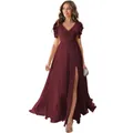 Elegant wine red chiffon bridesmaid dress with deep V-neck and high split leg design - S (US 2) / Burgundy