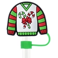 Christmas sweater silicone straw cover with red green stripes and candy cane charm - Striped Christmas Sweater