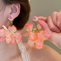 Detail of pink fabric flower earrings with crystal tassels and green beaded accents - 80# Silver Pin-Pink