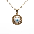 Golden heart necklace with evil eye design and micro-set zircon stones on white background - Gold Heart Round Eye