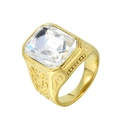 Anello punk dorato in acciaio al titanio con una grande gemma quadrata trasparente - Oro Bianco