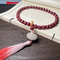 Deep red carved prayer beads with white lotus charm and silk tassel in a zen style - Hand-held Cinnabar Red (Luminous Lotus)