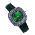 Elegant green square watch with rhinestone bezel and crocodile pattern leather strap - Green Silver Case