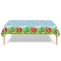 Vibrant farm theme tablecloth featuring blue sky, barn, and cartoon animal illustrations - Farm Tablecloth
