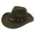 Detail of olive green felt cowboy hat with leather band and silver longhorn cattle ornament - M (56-58cm) / Army Green (Peach Cow + Brown Bull Head)