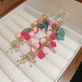 Detailed view of handmade pink resin rose earrings with leaf and crystal tassels - Pink Rose Crystal Tassels (23#)