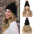 Black beanie hat with long golden wavy wig and pom-pom detail for women - 26H613 Blonde
