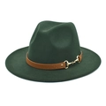 Close-up of dark green fedora with brown faux leather band and golden horsebit buckle - Dark Green / M (56-58cm)