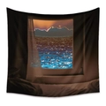 Tapestrie de vue de mer nocturne bohème avec lune et vagues en bleu nuit et noir - Nuit de Lune Calme (ZJ202148-11) / 73x95cm (Tissu Brossé)