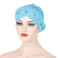 Turquoise milk silk head wrap with braided trim and silver beaded plum flower accents - Light Blue with Silver Beads