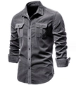 Camicia da uomo in velluto a coste grigio scuro vestibilità slim a maniche lunghe - Grigio