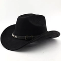 Detail of black suede cowboy hat featuring vintage leather band with white cross stitching - M (56-58cm) / Black