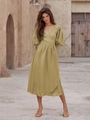 Olive green cotton wrap dress with puff sleeves and tie-waist long skirt silhouette - L / Olive Green