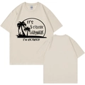 Beige cotton t-shirt with palm tree print and It's 5 O'clock Everywhere text - S / Beige