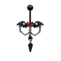 Gothic bat wing navel ring with red heart gem and hanging black teardrop chain - Black Bat Red Heart with Chain