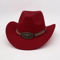 Detail view of red western cowboy hat featuring bull head buckle and leather band - One Size / Burgundy