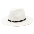 Close-up of white woven Panama hat with black decorative band and metallic studs - M(56-58cm) / White