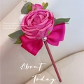 Creative rose-shaped ballpoint pen featuring pink faux flower and elegant bow decoration - Bow Imperial Rose / Rose Red