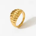 Polished gold croissant ring made of 316L stainless steel with glossy rippled design - Wavy Wide Style (KBJ534)