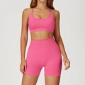 Ensemble de yoga sans couture deux pièces avec brassière et short en rose pêche - S / Soutien-gorge + Short - Rose framboise