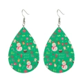Detailed view of green teardrop leather earrings featuring snowmen and festive patterns - Green Base Cartoon Gingerbread Snowman