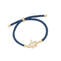 Bracciale regolabile in corda intrecciata blu con ciondolo a corona dorata e piccoli cristalli - Ciondolo Corona Strass (Blu)