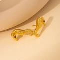 Elegant gold-plated seahorse stud earrings with sparkling green gemstone eyes for women - Black Eye Seahorse Stud Earrings
