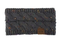Gros plan d'un bandeau en tricot gris chiné avec un écusson en cuir MOK élégant. - Gris foncé chiné