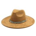 Brown wide brim fedora hat in faux suede with exotic turquoise beaded band detail - Khaki Suede